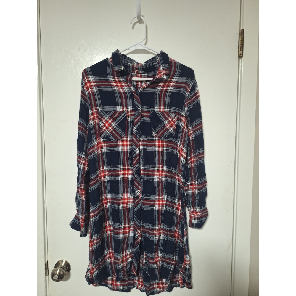 Beachlunchlounge Womens Plaid Flannel Shirt Dress Rayon Navy Blue Red Pocket L